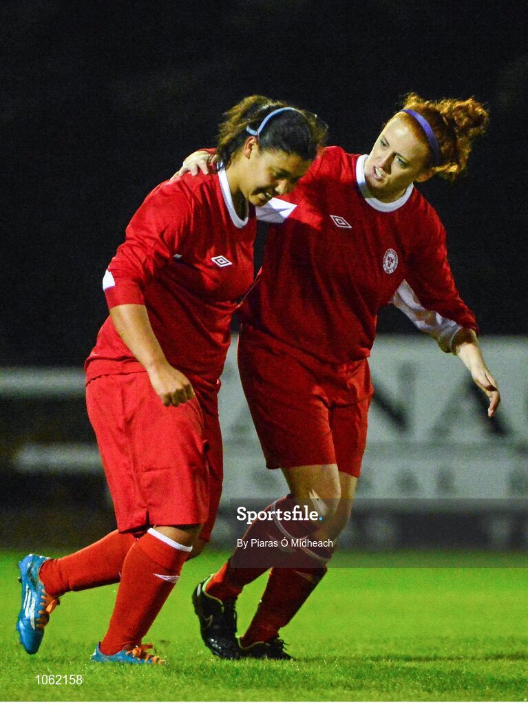 30 September 2015; Shianne Swares, Shelbourne U18 LFC, left, celebrates scoring her side's first goal with team-mate Joan Daly. FAI Umbro Women’s Intermediate Cup Final, St Catherine’s LFC v Shelbourne U18 LFC. Frank Cooke Park, Glasnevin, Dublin. Picture credit: Piaras Ó Mídheach / SPORTSFILE