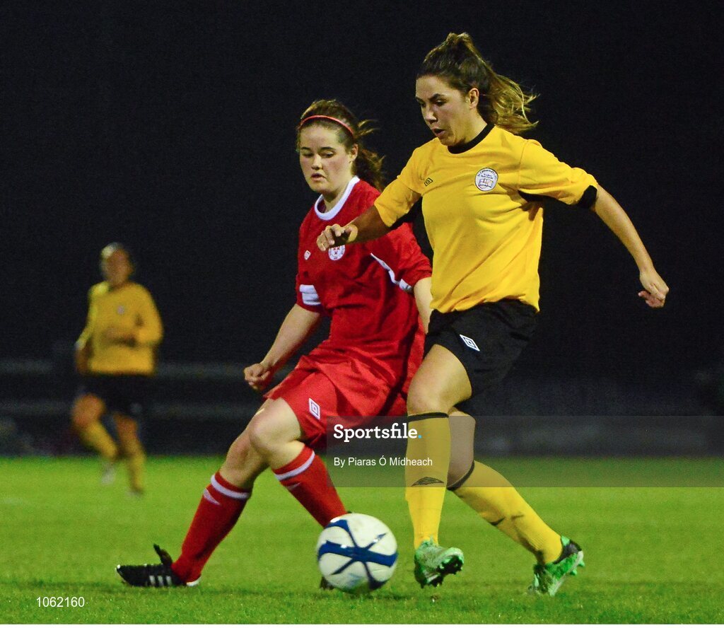 30 September 2015; Alexandra Molloy, St Catherine's LFC, in action against Emma Boyle, Shelbourne U18 LFC. FAI Umbro Women’s Intermediate Cup Final, St Catherine’s LFC v Shelbourne U18 LFC. Frank Cooke Park, Glasnevin, Dublin. Picture credit: Piaras Ó Mídheach / SPORTSFILE
