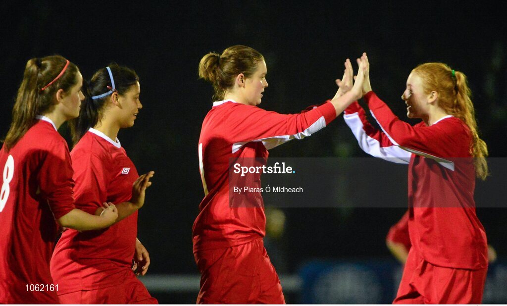 30 September 2015; Lisa Murphy, Shelbourne U18 LFC, celebrates scoring her side's first goal with team-mate Cliona Owens, right. FAI Umbro Women’s Intermediate Cup Final, St Catherine’s LFC v Shelbourne U18 LFC. Frank Cooke Park, Glasnevin, Dublin. Picture credit: Piaras Ó Mídheach / SPORTSFILE
