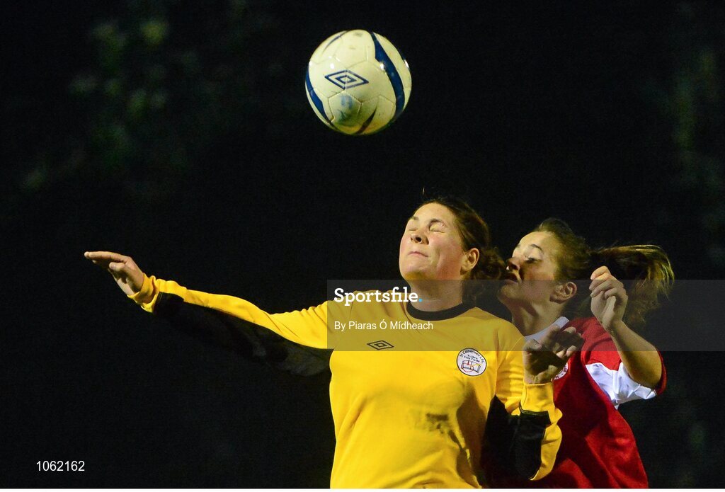 30 September 2015; Amanda Duffy, St Catherine's LFC, in action against Jess Corr, Shelbourne U18 LFC. FAI Umbro Women’s Intermediate Cup Final, St Catherine’s LFC v Shelbourne U18 LFC. Frank Cooke Park, Glasnevin, Dublin. Picture credit: Piaras Ó Mídheach / SPORTSFILE