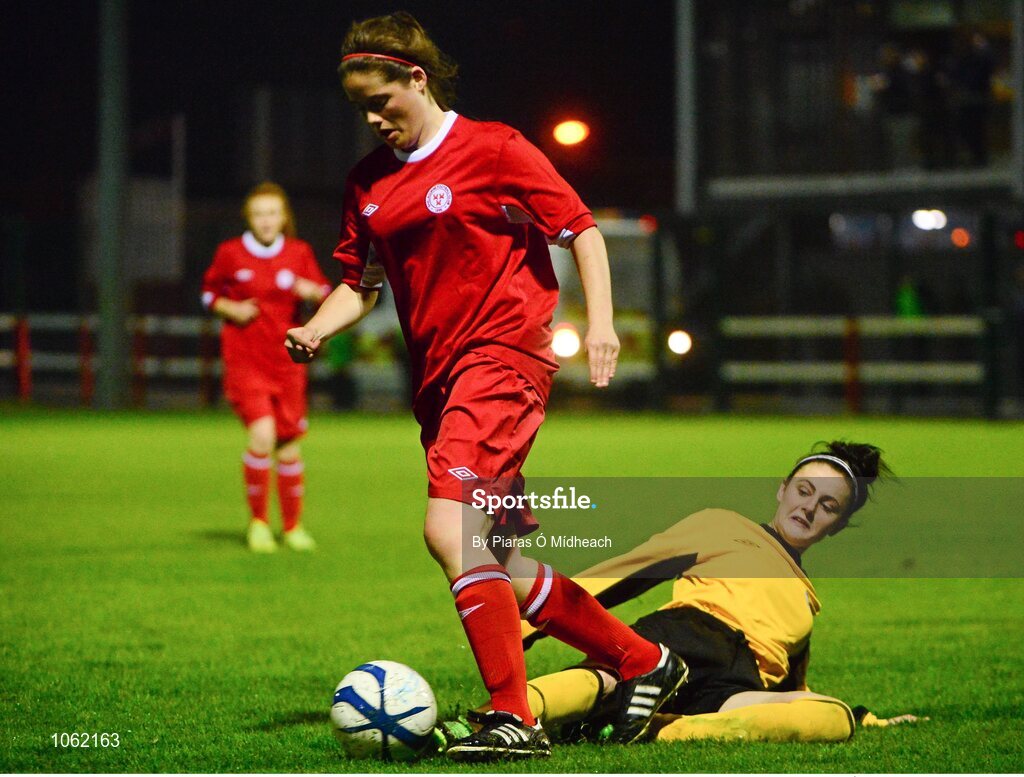 30 September 2015; Emma Boyle, Shelbourne U18 LFC, in action against Jessica Dillon, St Catherine's LFC. FAI Umbro Women’s Intermediate Cup Final, St Catherine’s LFC v Shelbourne U18 LFC. Frank Cooke Park, Glasnevin, Dublin. Picture credit: Piaras Ó Mídheach / SPORTSFILE