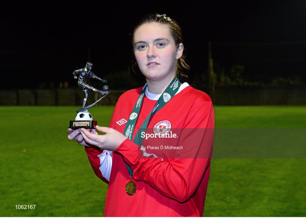 30 September 2015; Lisa Murphy, Shelbourne U18 LFC with her player of the match award. FAI Umbro Women’s Intermediate Cup Final, St Catherine’s LFC v Shelbourne U18 LFC. Frank Cooke Park, Glasnevin, Dublin. Picture credit: Piaras Ó Mídheach / SPORTSFILE