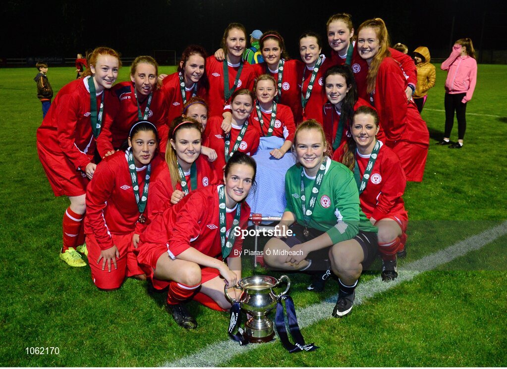 30 September 2015; Shelbourne U18 LFC players pose with their captain Caolan Lynch Carroll while on an ambulance trolley after picking up an injury during the first half. FAI Umbro Women’s Intermediate Cup Final, St Catherine’s LFC v Shelbourne U18 LFC. Frank Cooke Park, Glasnevin, Dublin. Picture credit: Piaras Ó Mídheach / SPORTSFILE