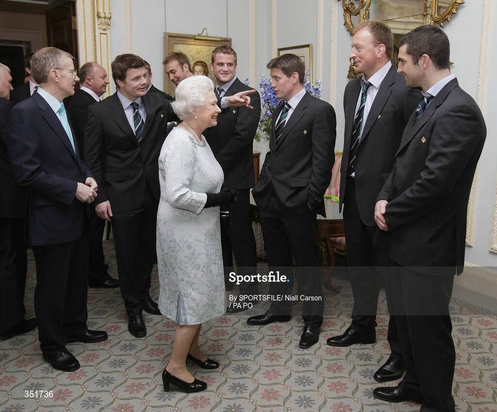 7 May 2009; Her Majesty the Queen is introduced to Irish players Jamie Heaslip, Ronan O'Gara, Mick O'Driscoll and Rob Kearney by team captain Brian O'Driscoll at a civic reception for Ireland Rugby Squad on the second day of her visit to Northern Ireland. Hillsborough Castle, Hillsborough, Co. Down. Picture credit: SPORTSFILE/ Niall Carson / PA POOL *** Local Caption *** SPORTSFILE/ Niall Carson / PA POOL