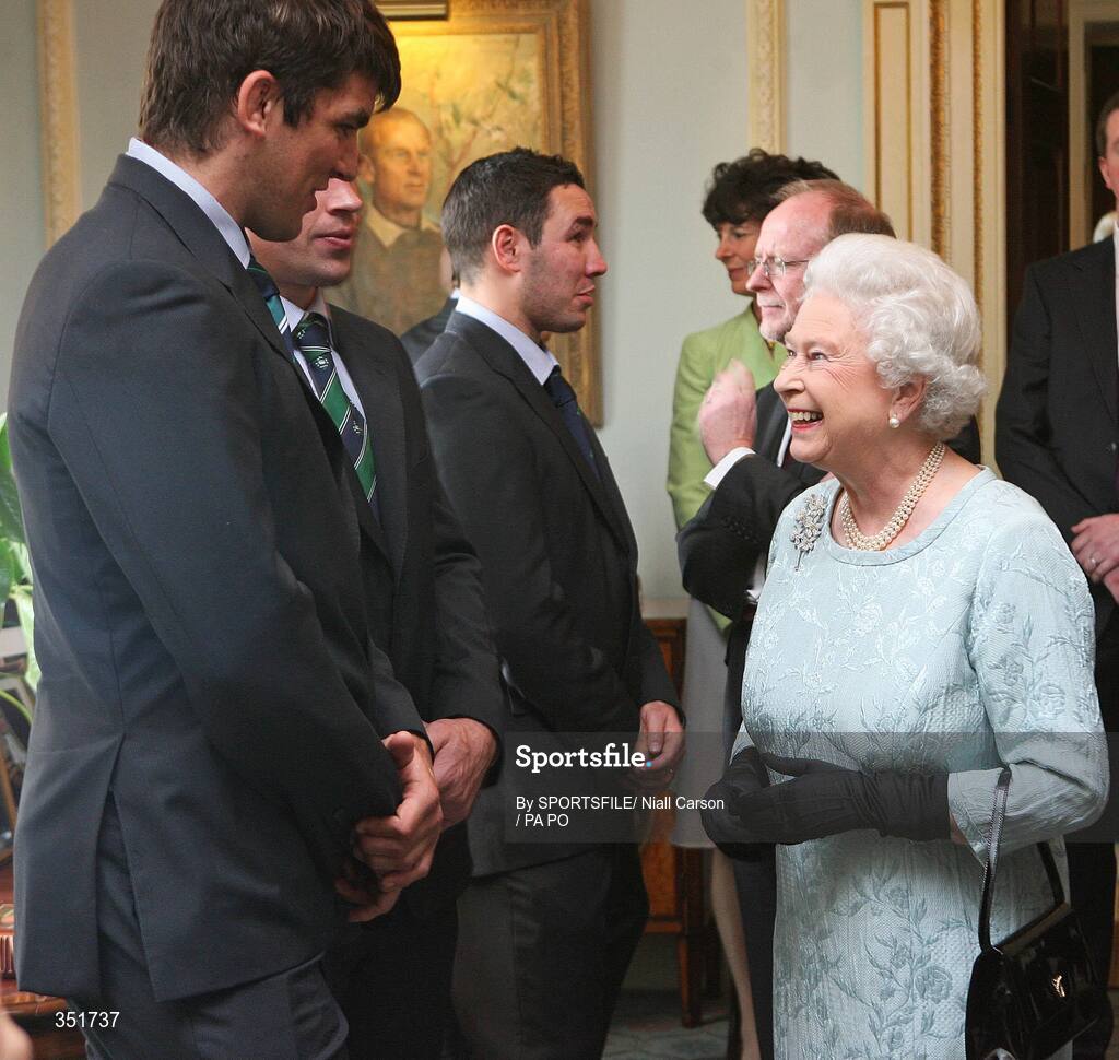 7 May 2009; Her Majesty the Queen meets Denis Leamy and Donncha O'Callaghan, left, at a civic reception for Ireland Rugby Squad on the second day of her visit to Northern Ireland. Hillsborough Castle, Hillsborough, Co. Down. Picture credit: SPORTSFILE/ Niall Carson / PA POOL *** Local Caption *** SPORTSFILE/ Niall Carson / PA POOL
