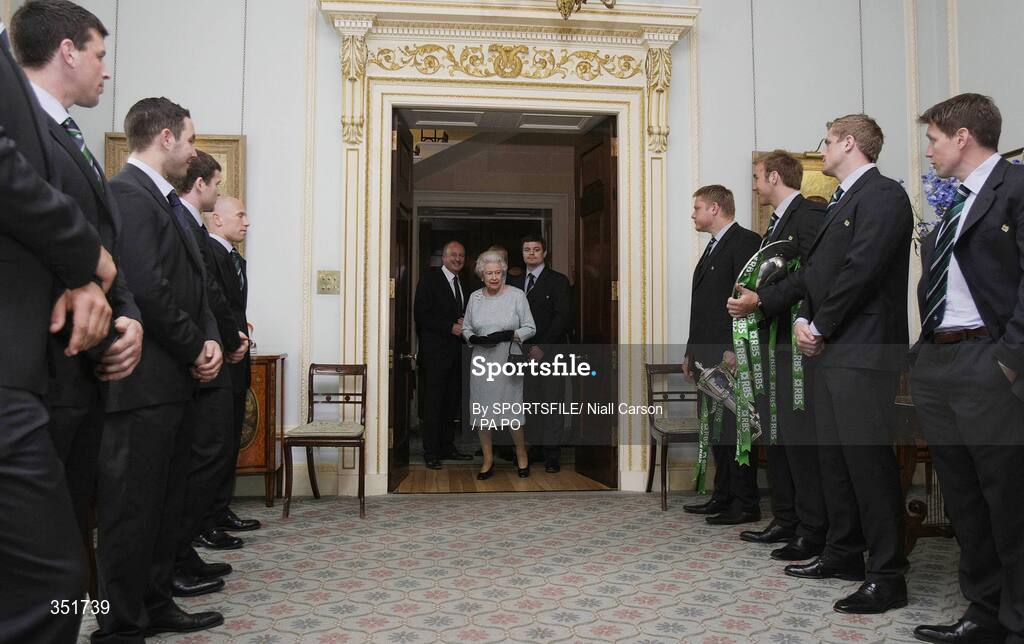 7 May 2009; Her Majesty the Queen, accompanied by team captain Brian O'Driscoll, arrives at a civic reception for Ireland Rugby Squad on the second day of her visit to Northern Ireland. Hillsborough Castle, Hillsborough, Co. Down. Picture credit: SPORTSFILE/ Niall Carson / PA POOL