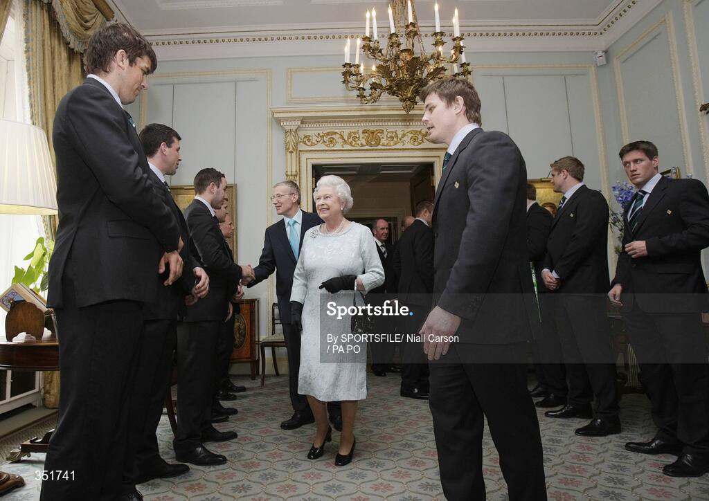 7 May 2009; Her Majesty the Queen is introduced to members of the Irish rugby squad, including Denis Leamy and Donncha O'Callaghan, by team captain Brian O'Driscoll, at a civic reception for Ireland Rugby Squad on the second day of her visit to Northern Ireland. Hillsborough Castle, Hillsborough, Co. Down. Picture credit: SPORTSFILE/ Niall Carson / PA POOL