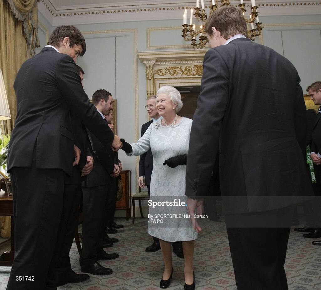 7 May 2009; Her Majesty the Queen is introduced to Denis Leamy and Donncha O'Callaghan, left, by team captain Brian O'Driscoll at a civic reception for Ireland Rugby Squad on the second day of her visit to Northern Ireland. Hillsborough Castle, Hillsborough, Co. Down. Picture credit: SPORTSFILE/ Niall Carson / PA POOL *** Local Caption *** SPORTSFILE/ Niall Carson / PA POOL