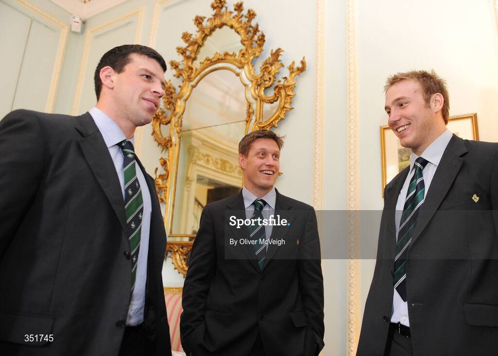 7 May 2009; Irish players Denis Leamy, left, Ronan O'Gara and Stephen Ferris, during a Civic Reception for the Ireland rugby squad. Hillsborough Castle, Hillsborough, Co. Down. Picture credit: Oliver McVeigh / SPORTSFILE