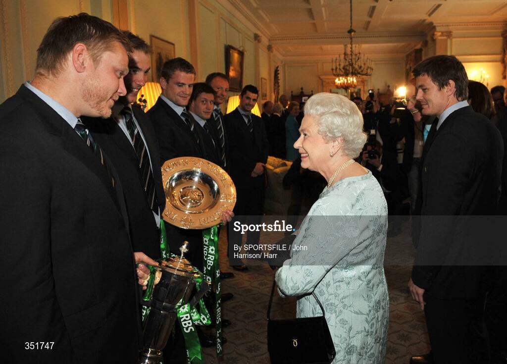 7 May 2009; Her Majesty the Queen is introduced to Ulster members of the Irish rugby squad, Tom Court, left, with the RBS Six Nations trophy, Stephen Ferris with the Triple Crown trophy, in the company of team captain Brian O'Driscoll, during a Civic Reception for the Ireland rugby squad. Hillsborough Castle, Hillsborough, Co. Down. Picture credit: SPORTSFILE / John Harrison/ Harrisons POOL