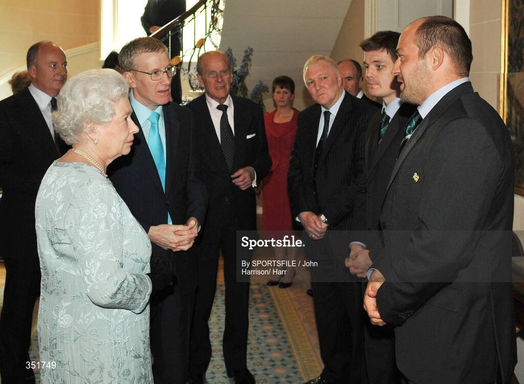 7 May 2009; Her Majesty the Queen is introduced to Ireland rugby team captain Brian O'Driscoll and vice captain Rory Best by Northern Ireland Sports Minister Gregory Campbell during a Civic Reception for the Ireland rugby squad. Hillsborough Castle, Hillsborough, Co. Down. Picture credit: SPORTSFILE / John Harrison/ Harrisons POOL