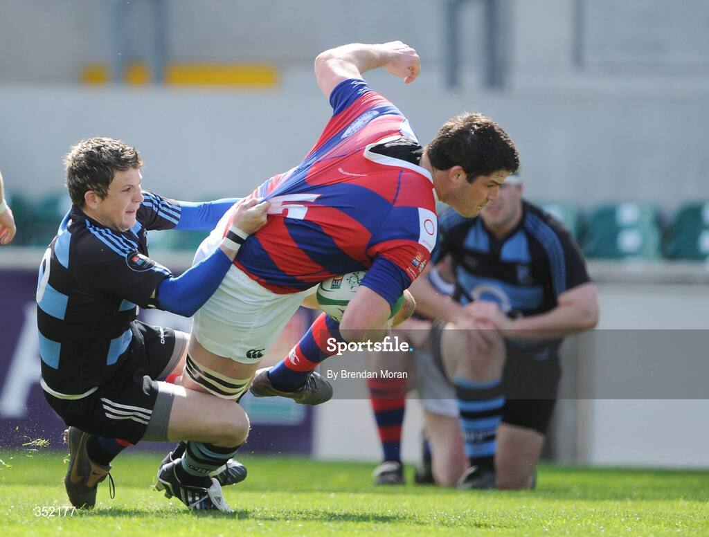9 May 2009; Simon Crawford, Clontarf, is tackled by Tadhg Bennett, Shannon. AIB League Division 1 Final, Shannon v Clontarf, Thomond Park, Limerick. Picture credit: Brendan Moran / SPORTSFILE