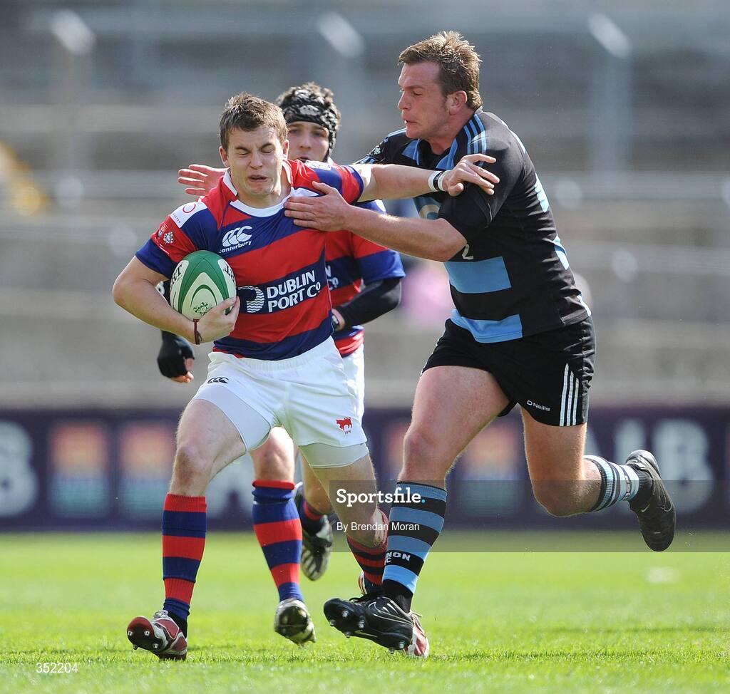 9 May 2009; Michael Keating, Clontarf, is tackled by Mike Essex, Shannon. AIB League Division 1 Final, Shannon v Clontarf, Thomond Park, Limerick. Picture credit: Brendan Moran / SPORTSFILE