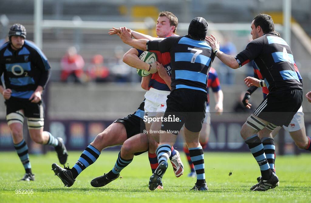 9 May 2009; Michael Keating, Clontarf, is tackled by Mike Essex, Eoghan Grace, no.7, and Padraic O'Brien, no.4, Shannon. AIB League Division 1 Final, Shannon v Clontarf, Thomond Park, Limerick. Picture credit: Brendan Moran / SPORTSFILE