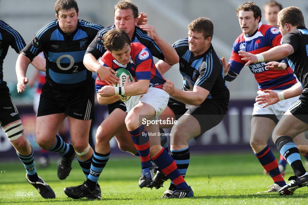 9 May 2009; Paul O'Donohoe, Clontarf, is tackled by Kevin Griffin and Mike Essex, left, Shannon. AIB League Division 1 Final, Shannon v Clontarf, Thomond Park, Limerick. Picture credit: Matt Browne / SPORTSFILE