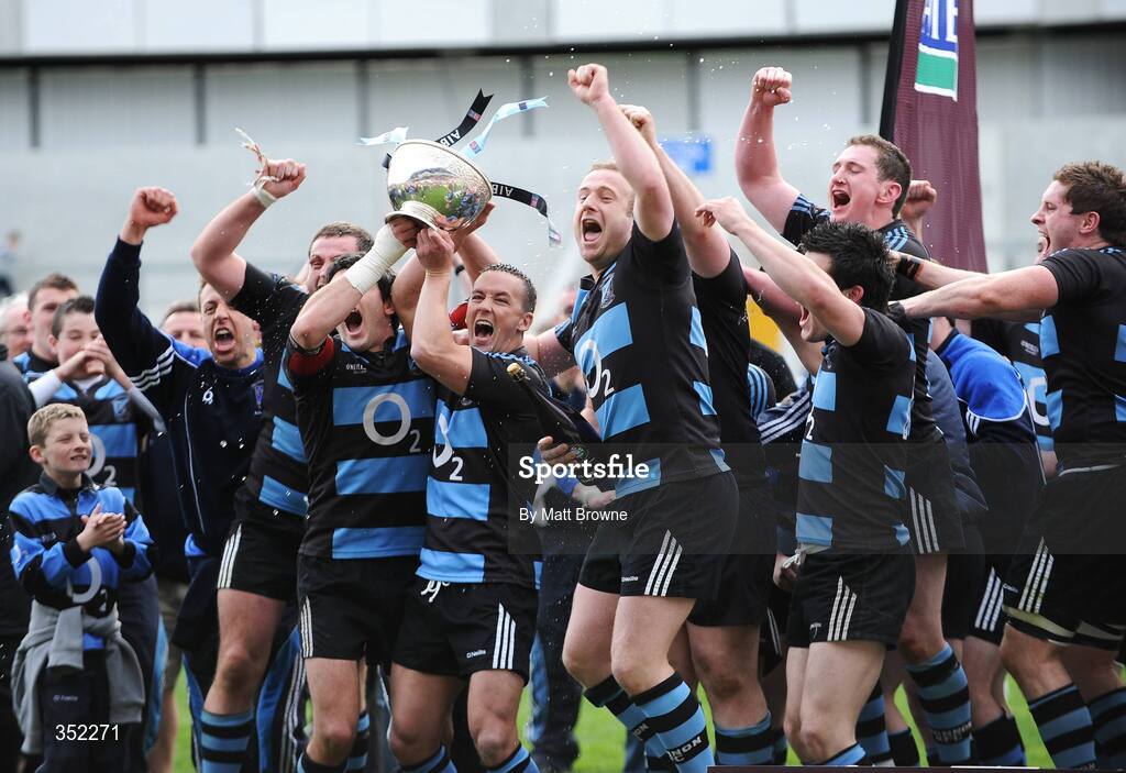 9 May 2009; Ritchie Mullane and Fiach O'Loughlin, Shannon lift the cup after extra time victory over Clontarf. AIB League Division 1 Final, Shannon v Clontarf, Thomond Park, Limerick. Picture credit: Matt Browne / SPORTSFILE