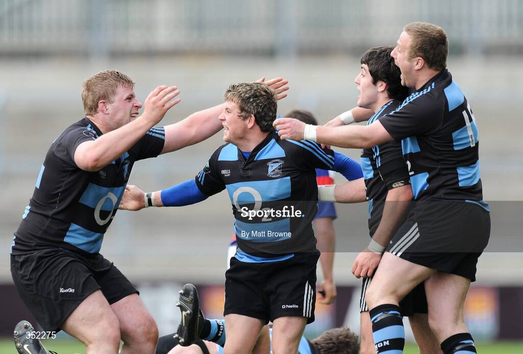 9 May 2009; Shannon's players from left, Kevin Griffin, Tadhg Bennett, Ritchie Mullane and David O'Donovan celebrate at the final whistle. AIB League Division 1 Final, Shannon v Clontarf, Thomond Park, Limerick. Picture credit: Matt Browne / SPORTSFILE