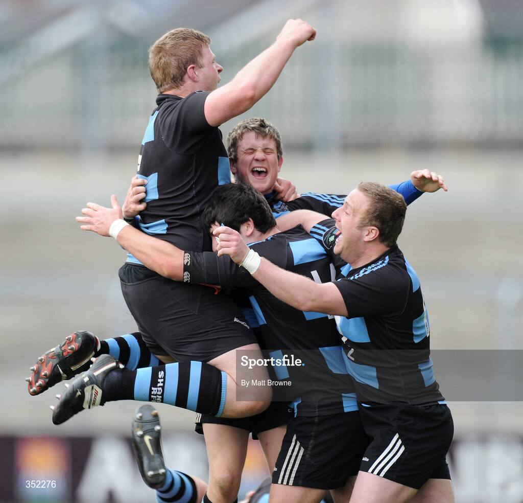 9 May 2009; Shannon's players from left, Kevin Griffin, Tadhg Bennett, Ritchie Mullane and David O'Donovan celebrate at the final whistle. AIB League Division 1 Final, Shannon v Clontarf, Thomond Park, Limerick. Picture credit: Matt Browne / SPORTSFILE