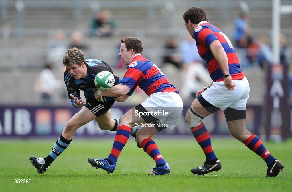 9 May 2009; Tadgh Bennett, Shannon, is tackled by Martin Dufficy, Clontarf. AIB League Division 1 Final, Shannon v Clontarf, Thomond Park, Limerick. Picture credit: Brendan Moran / SPORTSFILE