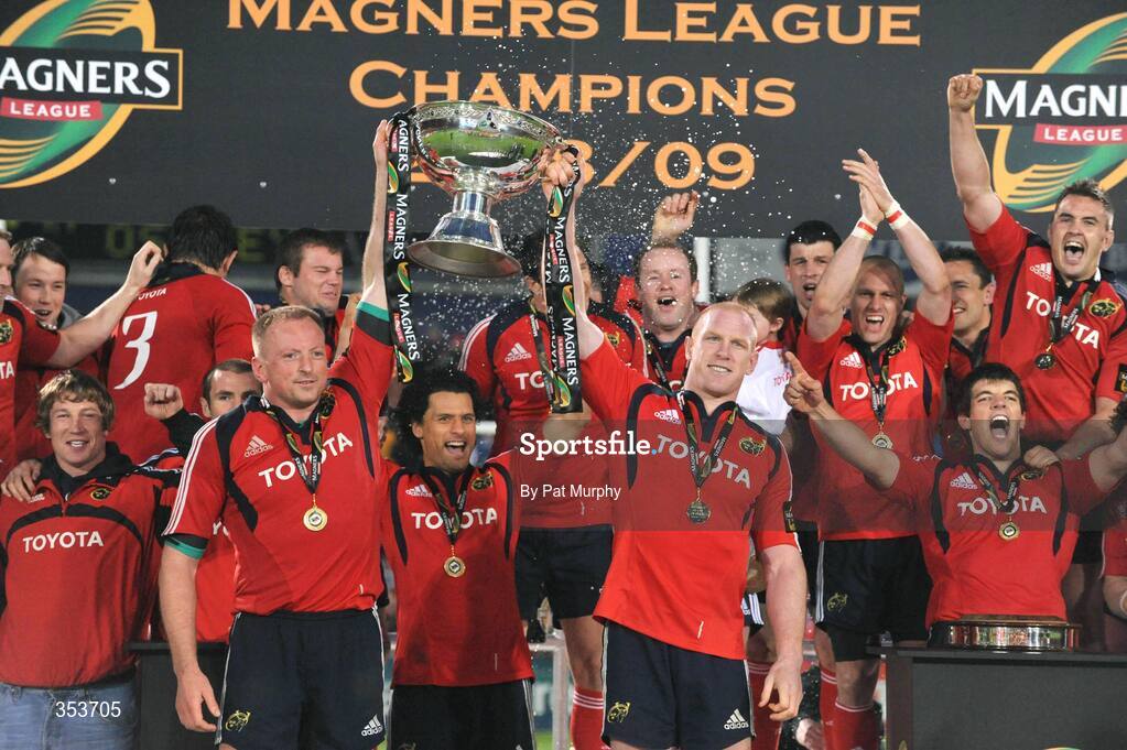 15 May 2009; Munster's Mick O'Driscoll and Paul O'Connell, right, lift the Magners League trophy. Magners League, Munster v Neath Swansea Ospreys, Thomond Park, Limerick. Picture credit: Pat Murphy / SPORTSFILE