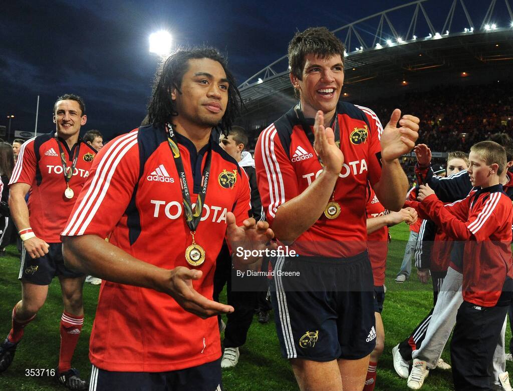 15 May 2009; Munster's Donncha O'Callaghan, right, and Lifeimi Mafi celebrate after lifting the Magners League trophy. Magners League, Munster v Neath Swansea Ospreys, Thomond Park, Limerick.  Picture credit: Diarmuid Greene / SPORTSFILE