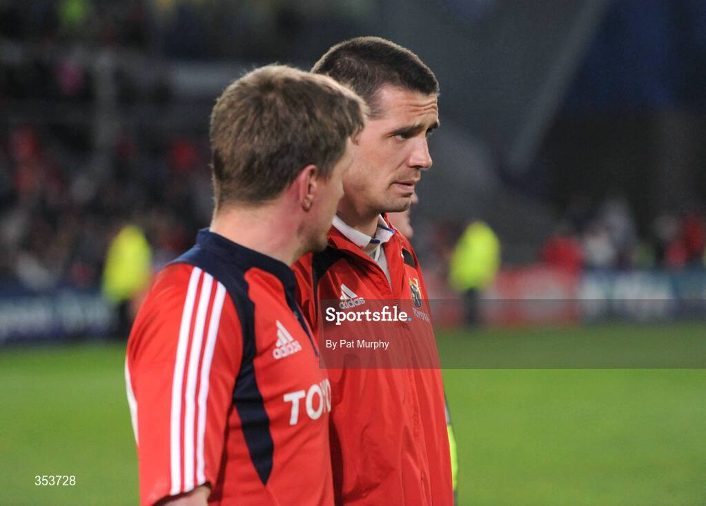 15 May 2009; Munster's Ronan O'Gara, left, and Alan Quinlan after the game. Magners League, Munster v Neath Swansea Ospreys, Thomond Park, Limerick. Picture credit: Pat Murphy / SPORTSFILE