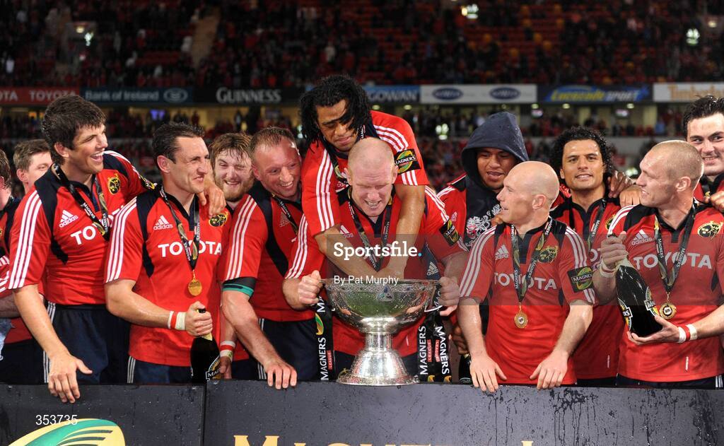 15 May 2009; Munster's Lifeimi Mafi climbs over Paul O'Connell as the team celebrate with the Magners League Trophy. Magners League, Munster v Neath Swansea Ospreys, Thomond Park, Limerick. Picture credit: Pat Murphy / SPORTSFILE