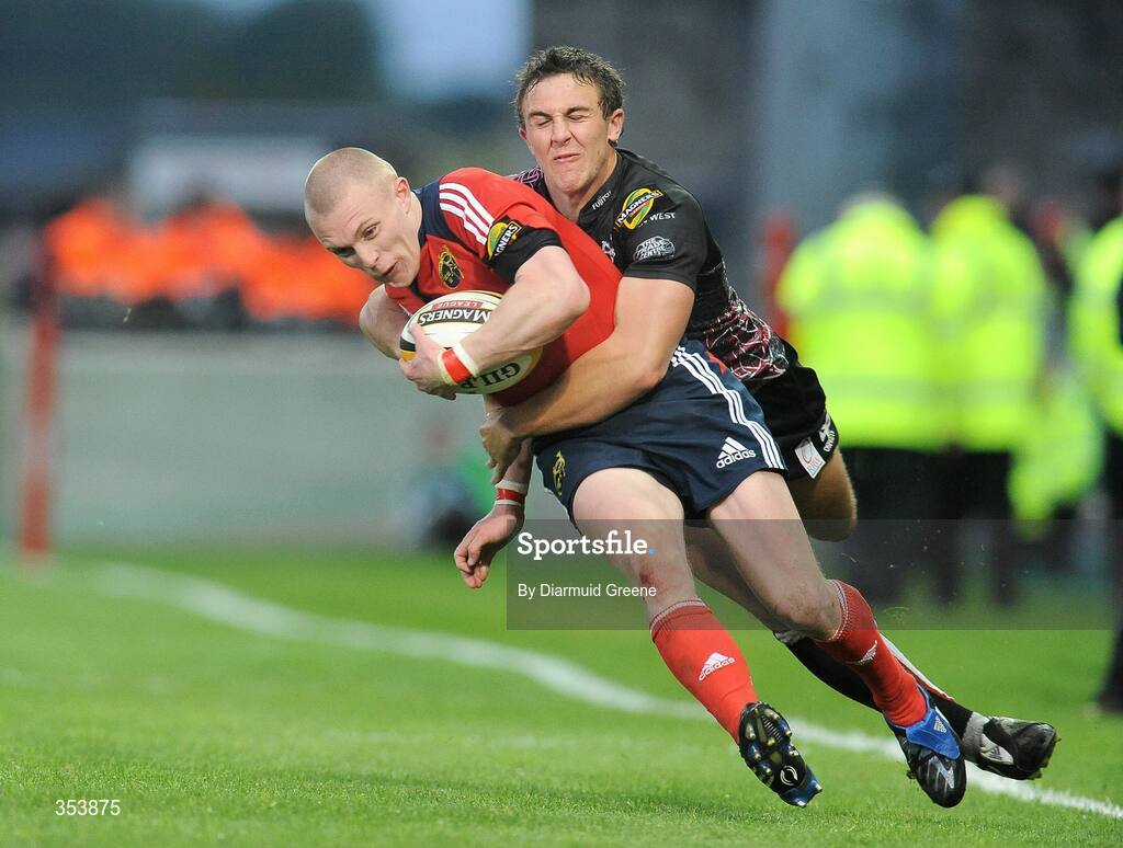 15 May 2009; Keith Earls, Munster, is tackled by Ashley Beck, Ospreys. Magners League, Munster v Neath Swansea Ospreys, Thomond Park, Limerick.  Picture credit: Diarmuid Greene / SPORTSFILE