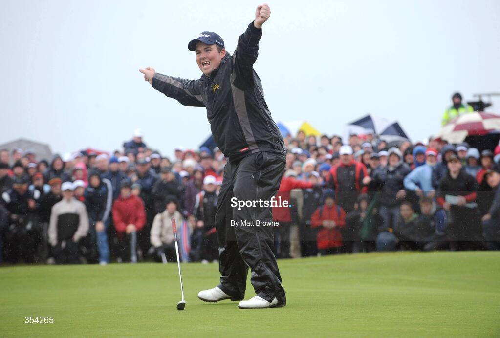 17 May 2009; Shane Lowry celebrates after putting on the 18th, after the third play off, to win the 3 Irish Open Golf Championship. County Louth Golf Club, Baltray, Co. Louth. Picture credit: Matt Browne / SPORTSFILE