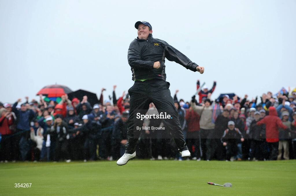 17 May 2009; Shane Lowry celebrates after putting on the 18th, after the third play off, to win the 3 Irish Open Golf Championship. County Louth Golf Club, Baltray, Co. Louth. Picture credit: Matt Browne / SPORTSFILE