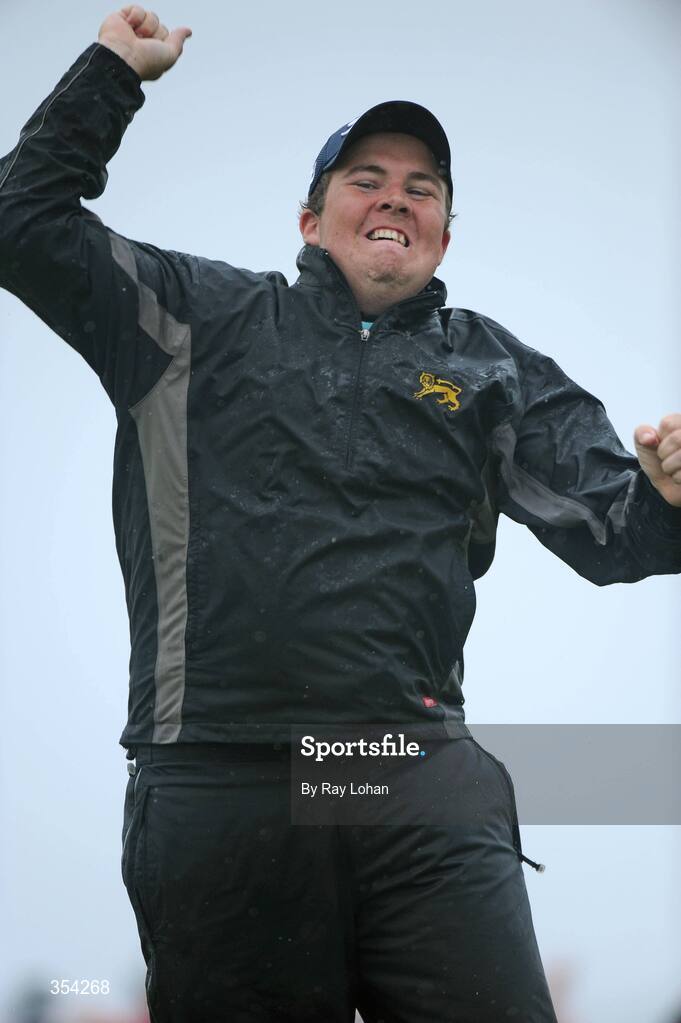 17 May 2009; Shane Lowry celebrates after putting on the 18th, after the third play off, to win the 3 Irish Open Golf Championship. County Louth Golf Club, Baltray, Co. Louth. Picture credit: Ray Lohan / SPORTSFILE