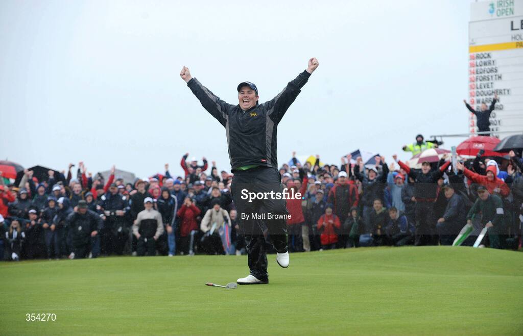17 May 2009; Shane Lowry celebrates after putting on the 18th, after the third play off, to win the 3 Irish Open Golf Championship. County Louth Golf Club, Baltray, Co. Louth. Picture credit: Matt Browne / SPORTSFILE