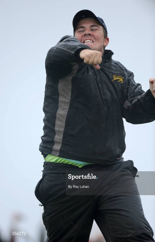 17 May 2009; Shane Lowry celebrates after putting on the 18th, after the third play off, to win the 3 Irish Open Golf Championship. County Louth Golf Club, Baltray, Co. Louth. Picture credit: Ray Lohan / SPORTSFILE
