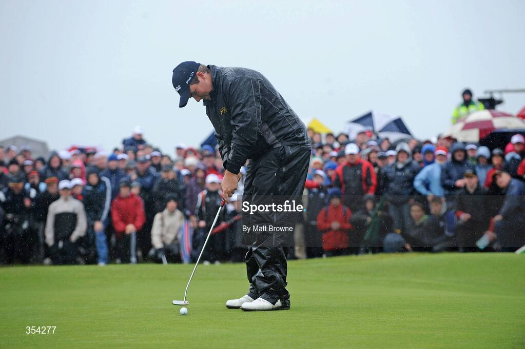 17 May 2009; Shane Lowry watches his winning putt on the 18th green during the 3 Irish Open Golf Championship. County Louth Golf Club, Baltray, Co. Louth. Picture credit: Matt Browne / SPORTSFILE