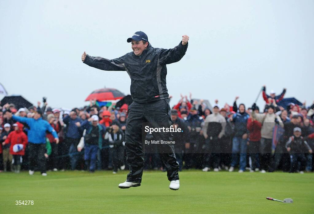 17 May 2009; Shane Lowry celebrates his winning putt on the 18th green during the 3 Irish Open Golf Championship. County Louth Golf Club, Baltray, Co. Louth. Picture credit: Matt Browne / SPORTSFILE