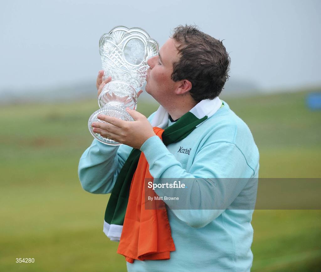 17 May 2009; Shane Lowry celebrates with the 3 Irish Open Golf Championship Trophy. County Louth Golf Club, Baltray, Co. Louth. Picture credit: Matt Browne / SPORTSFILE