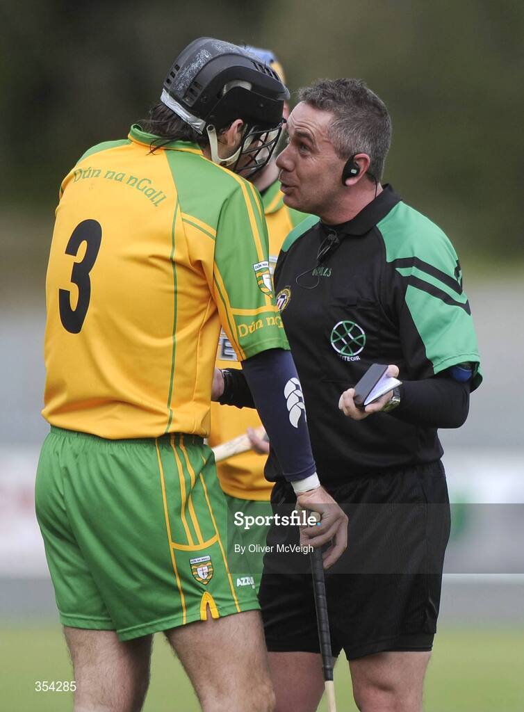 17 May 2009; Referee Garrett Duffy speaks to Donegal's Joe Boyle before sending him off. Ulster Senior Hurling Championship, Second Round, Donegal v Armagh, Letterkenny, Co. Donegal. Picture credit: Oliver McVeigh / SPORTSFILE