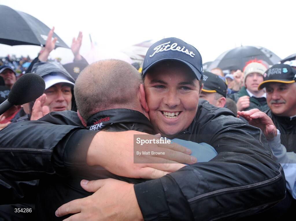 17 May 2009; Shane Lowry is congratulated by his father Brendan after he won the 3 Irish Open Golf Championship. County Louth Golf Club, Baltray, Co. Louth. Picture credit: Matt Browne / SPORTSFILE
