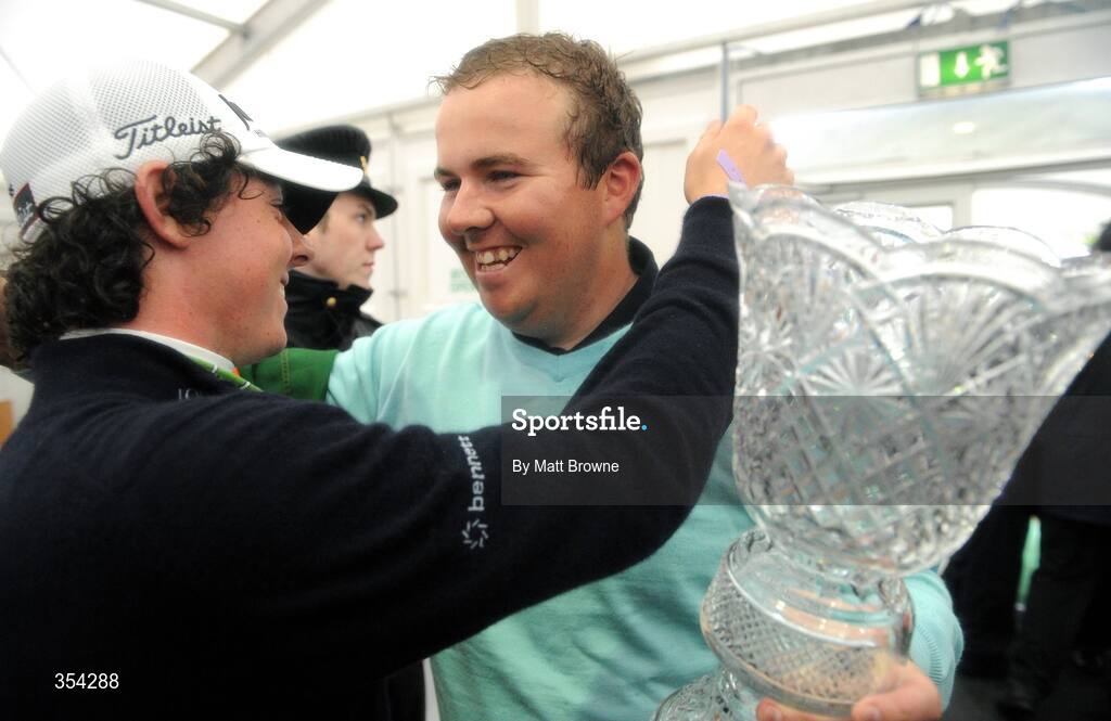17 May 2009; Shane Lowry is congratulated by Rory Mcllroy after winning the 3 Irish Open Golf Championship Trophy. County Louth Golf Club, Baltray, Co. Louth. Picture credit: Matt Browne / SPORTSFILE