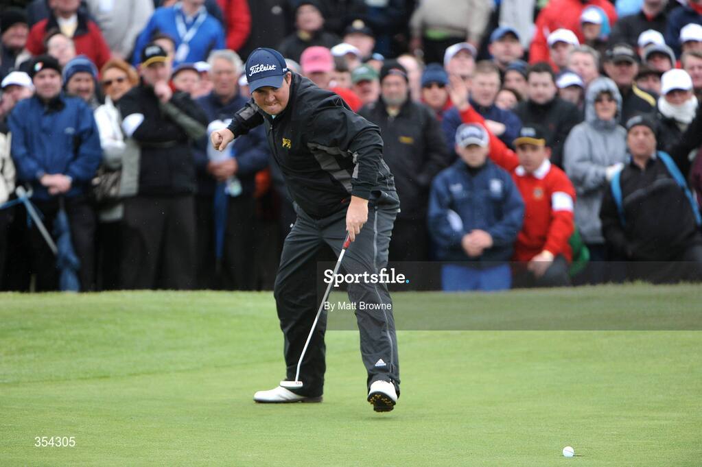 17 May 2009; Shane Lowry celebrates his birdie putt on the 14th green during the 3 Irish Open Golf Championship. County Louth Golf Club, Baltray, Co. Louth. Picture credit: Matt Browne / SPORTSFILE