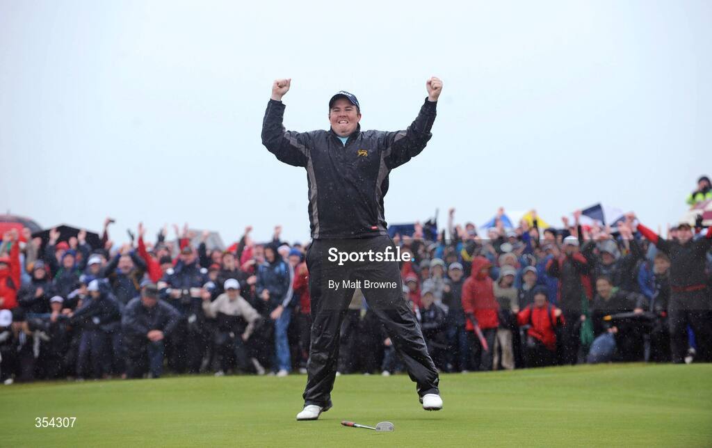 17 May 2009; Shane Lowry celebrates his winning putt on the 18th green during the 3 Irish Open Golf Championship. County Louth Golf Club, Baltray, Co. Louth. Picture credit: Matt Browne / SPORTSFILE