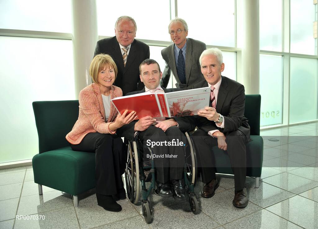 19 May 2009; Pictured at the launch of Coaching People with Disabilities, All Island Coach Education Framework, were left to right, Mary Davis, Managing Director, Special Olympics Europe / Eurasia, Eamonn McCartan, Chief Executive of Sport Northern Ireland, John Fulham, former European champion and Paralympic finalist, John Treacy, Chief Executive, Irish Sport Council, and Michael McGeehin, Director, Coaching Ireland. Sports HQ, Park West, Dublin. Picture credit: David Maher / SPORTSFILE