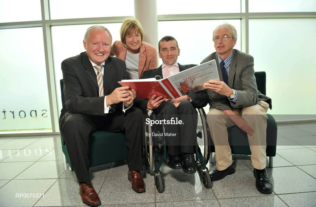 19 May 2009; Pictured at the launch of Coaching People with Disabilities, All Island Coach Education Framework, were left to right, Eamonn McCartan, Chief Executive of Sport Northern Ireland, Mary Davis, Managing Director, Special Olympics Europe / Eurasia, John Fulham, former European champion and Paralympic finalist, John Treacy, Chief Executive, Irish Sport Council. Sports HQ, Park West, Dublin. Picture credit: David Maher / SPORTSFILE