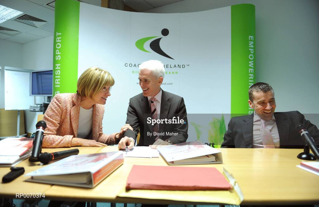 19 May 2009; Pictured at the launch of Coaching People with Disabilities, All Island Coach Education Framework, were left to right, Mary Davis, Managing Director, Special Olympics Europe / Eurasia, Michael McGeehin, Director, Coaching Ireland and John Fulham, former European champion and Paralympic finalist. Sports HQ, Park West, Dublin. Picture credit: David Maher / SPORTSFILE