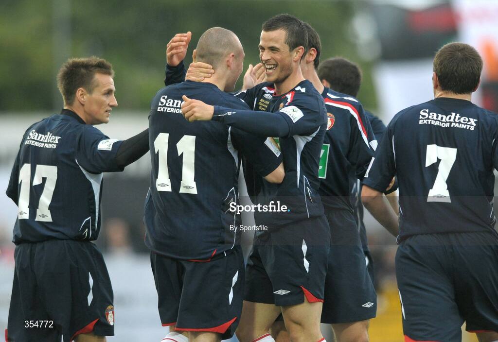 22 May 2009; Mark Quigley, 11, St Patrick's Athletic, is congratulated by team-mate Kyle Moran after scoring his side's first goal. League of Ireland Premier Division, Dundalk v St Patrick's Athletic, Oriel Park, Dundalk. Photo by Sportsfile