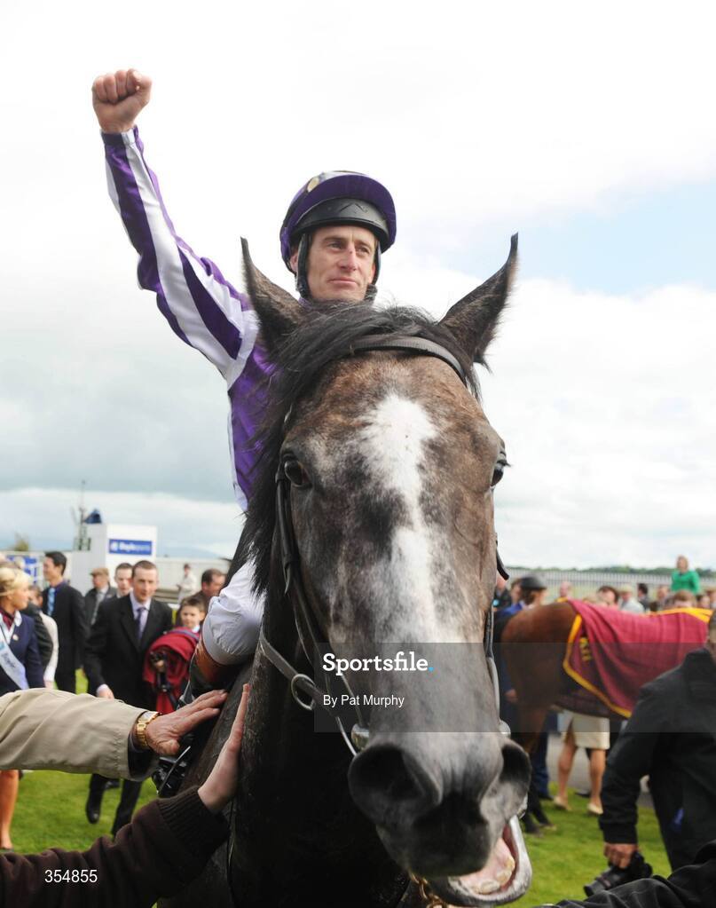23 May 2009; Jockey Johnny Murtagh celebrates after his mount Mastercraftsman won the Boylesports.com Irish 2,000 Guineas. Boylesports.com Irish Guineas Festival 2009, Curragh Racecourse, Co. Kildare. Picture credit: Pat Murphy / SPORTSFILE