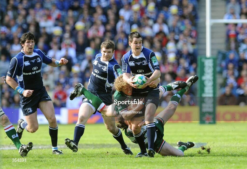 23 May 2009; Jonathan Sexton, Leinster, is tackled by Sam Vesty, above, and Julien Dupuy, Leicester Tigers. Heineken Cup Final, Leinster v Leicester Tigers, Murrayfield Stadium, Edinburgh, Scotland. Picture credit: Brendan Moran / SPORTSFILE