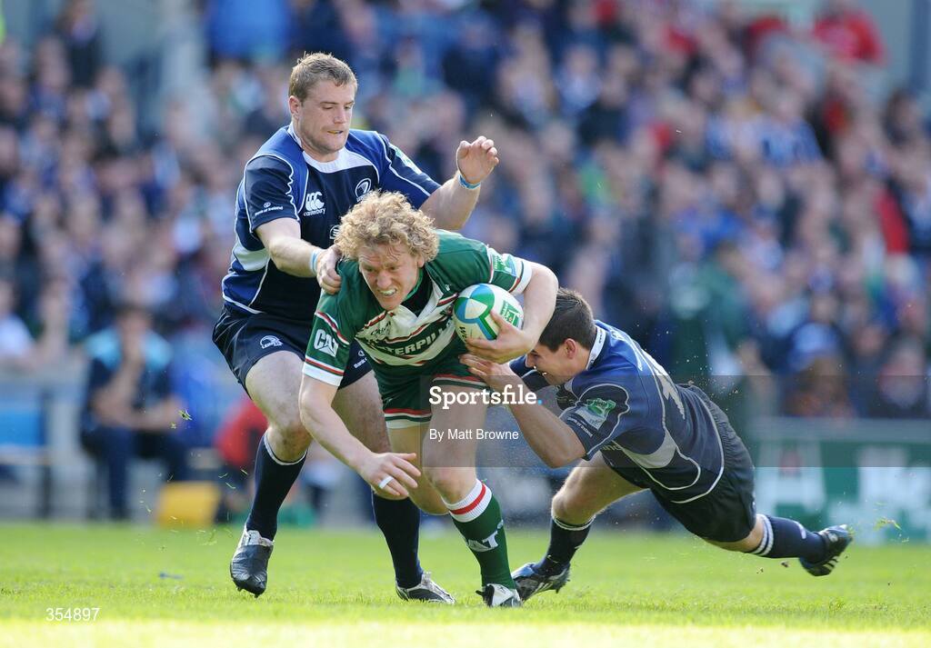 23 May 2009; Sam Vesty, Leicester Tigers is tackled by Jamie Heaslip and Jonathan Sexton, right, Leinster. Heineken Cup Final, Leinster v Leicester Tigers, Murrayfield Stadium, Edinburgh, Scotland. Picture credit: Matt Browne / SPORTSFILE