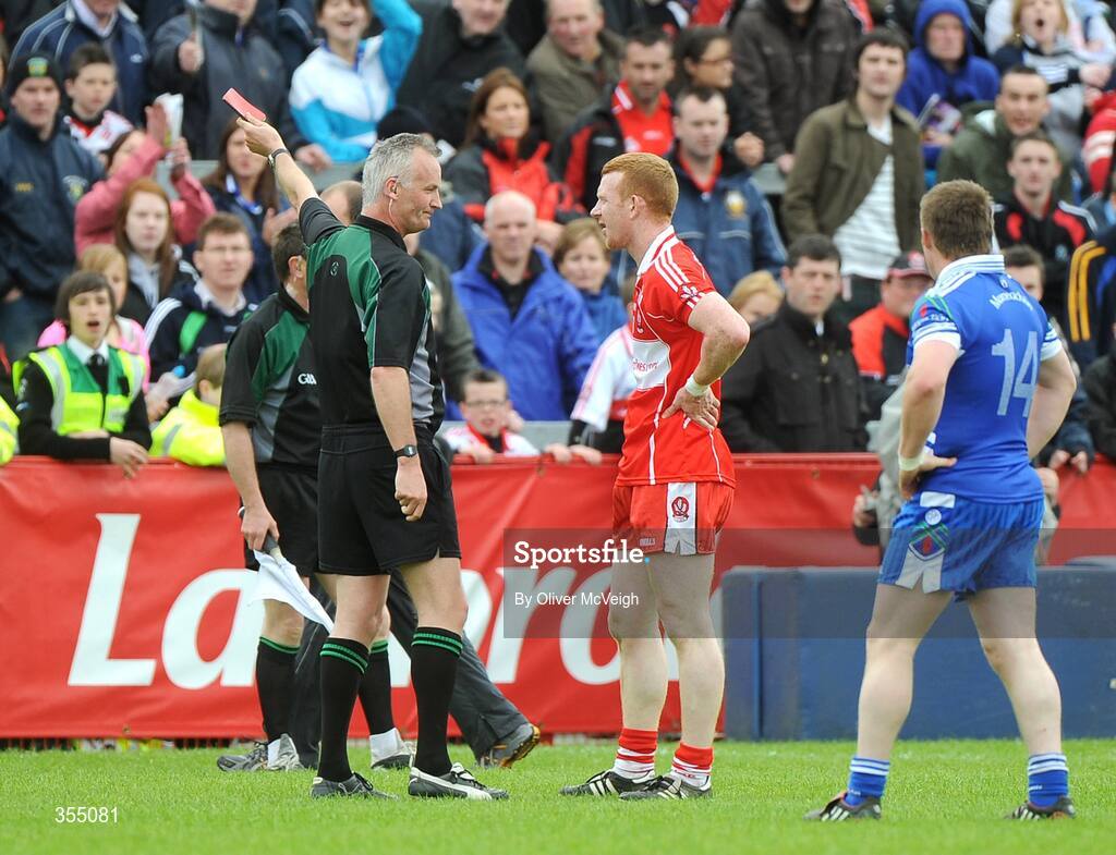 24 May 2009; Referee Jimmy White shows a red card to Derry's Fergal Doherty in the second half. Ulster GAA Football Senior Championship Quarter-Final, Derry v Monaghan, Celtic Park, Derry. Picture credit: Oliver McVeigh / SPORTSFILE