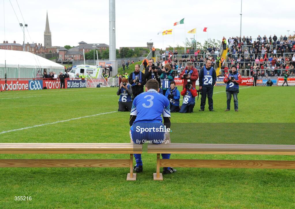 24 May 2009; Monaghan captain Vincent Corey takes his seat for the team picture. Ulster GAA Football Senior Championship Quarter-Final, Derry v Monaghan, Celtic Park, Derry. Picture credit: Oliver McVeigh / SPORTSFILE
